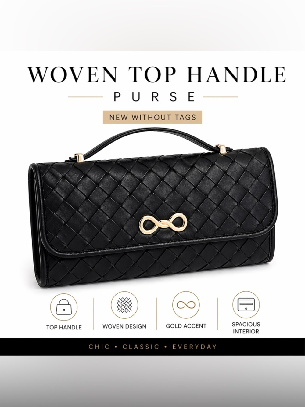 Black Woven Top-Handle Satchel with Gold Accent